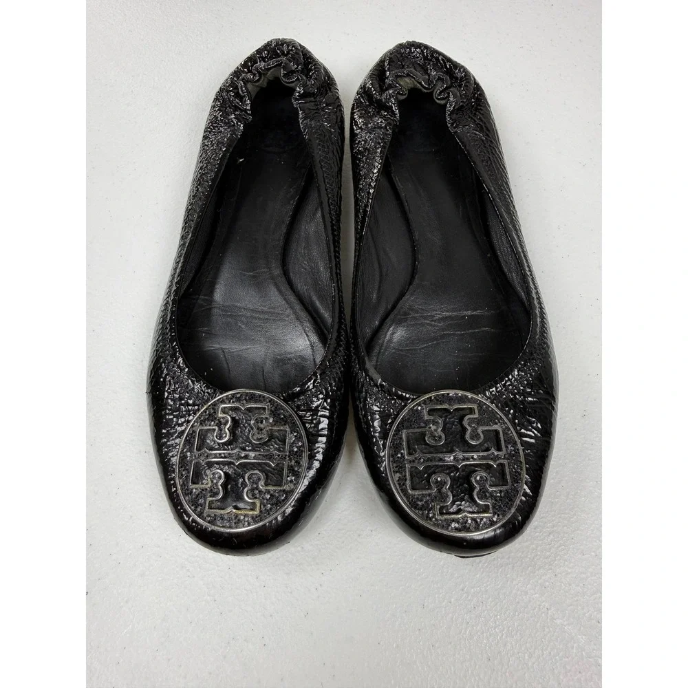 Tory Burch Reva Ballet Flats Women 7 Black Patent Leather Logo Glitter Medallion